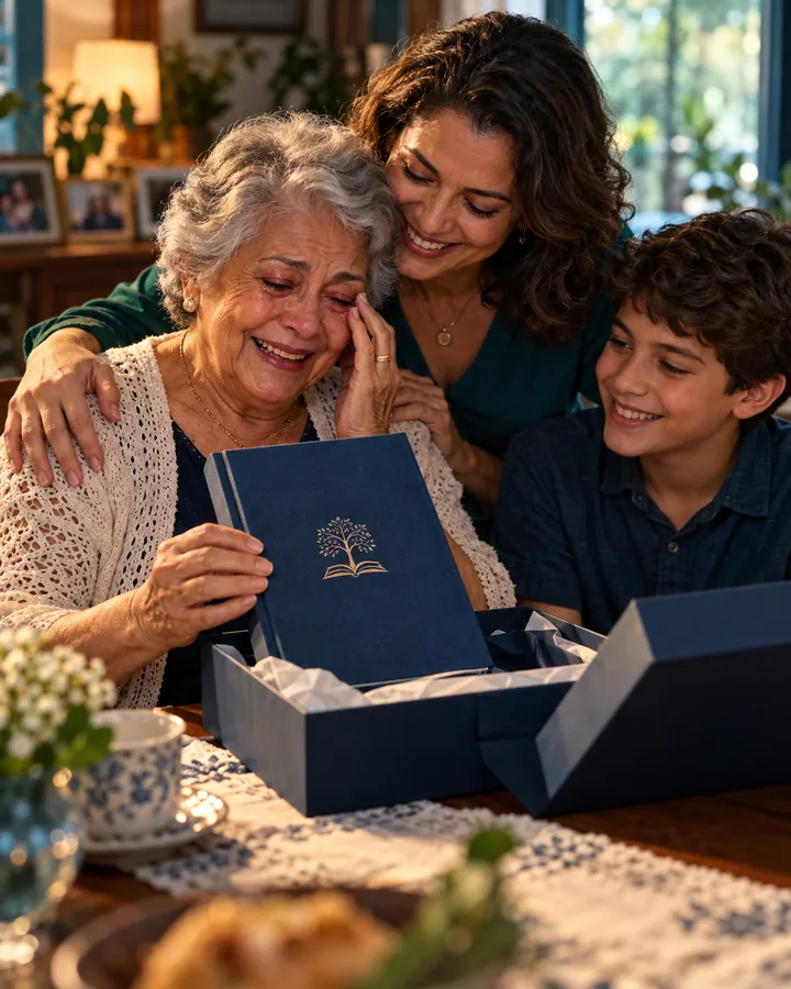 Família emocionada recebendo o livro impresso