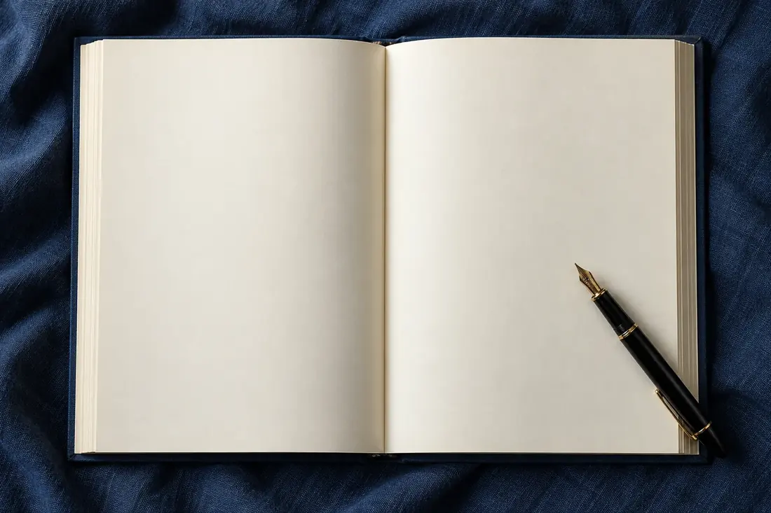 Livro aberto com páginas em branco e uma caneta-tinteiro
